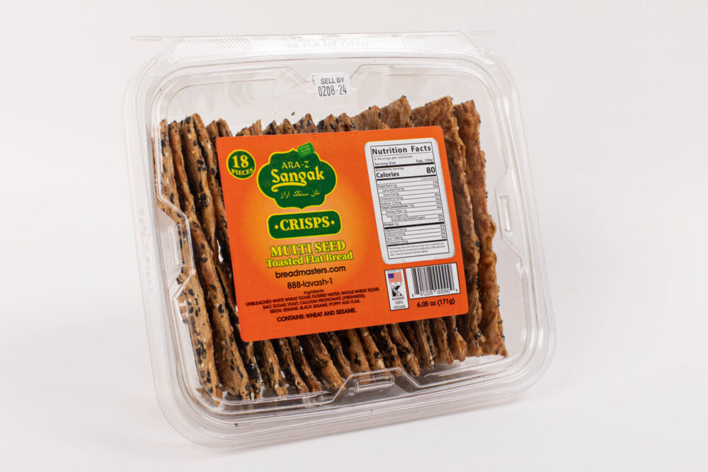 Ara-z Sangak Multi-Seed Crisps Product Image - Breadmasters Ara-z Sangak Multi-Seed Crisps - 2 pack pack of toasted flatbread crackers with sesame, black sesame, poppy, caraway, and flax seeds