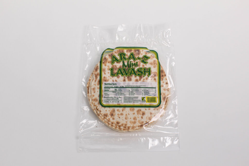 ARA-Z Mini Lavash 6-pack by Breadmasters - Stack of thin, soft, and pliable traditional Persian-style mini flatbreads beautifully arranged, each approximately 8 inches in diameter, showcasing the delicate texture and golden-brown color | Perfect for quick wraps, mini pizzas, and dipping | Made with organic wheat flour, water, sea salt, and olive oil | Vegan-friendly and preservative-free