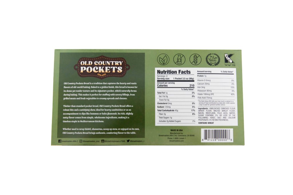 Old Country Pockets product information and nutrition facts - Traditional thicker, denser pocket bread, serving size 1 pocket (80g), 210 calories, 5g fat, 170mg sodium, 37g carbs, 4g fiber | Made in USA from Breadmasters