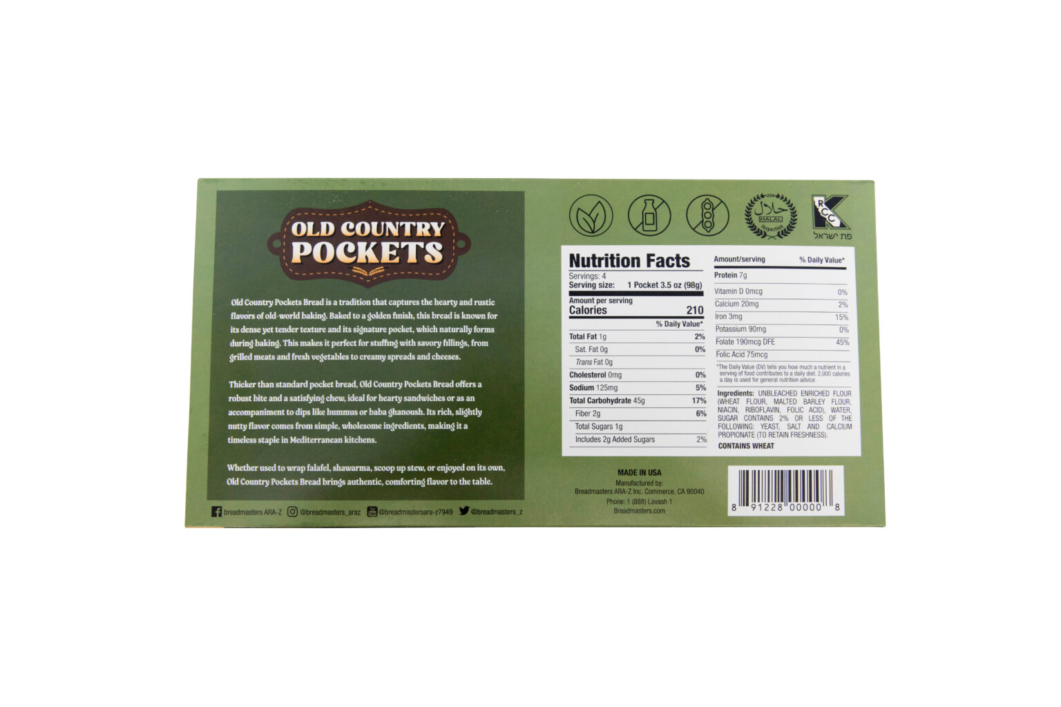 Old Country Pockets product information and nutrition facts - Traditional thicker, denser pocket bread, serving size 1 pocket (80g), 210 calories, 5g fat, 170mg sodium, 37g carbs, 4g fiber | Made in USA from Breadmasters