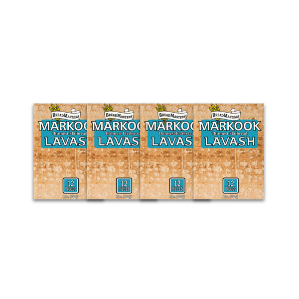 Markook Thinnest Flatbread 4-pack - Traditional Middle Eastern Saj bread, soft and pliable 9x12-inch sheets | 48 pieces total (4 packs of 12) for wraps, manakish, and crispy panini | Kosher flatbread from Breadmasters
