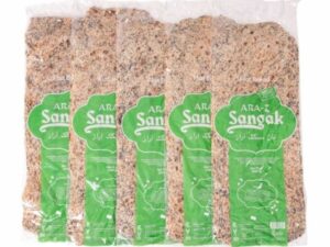 _Sangak-Persian-Flatbread-Naan-Multi-Seed-five-pack-Kosher-600x460 - BreadMasters Five packs of Sangak flatbread in a clear plastic bag with green ARA-Sangak labels visible on each piece.