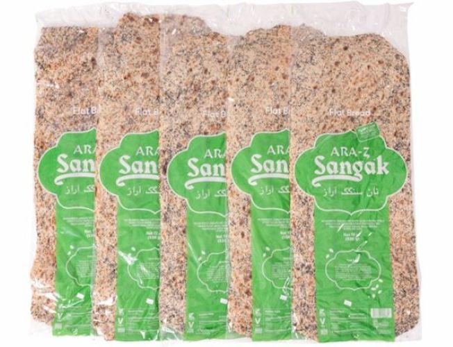 Five packs of Sangak flatbread in a clear plastic bag with green ARA-Sangak labels visible on each piece.