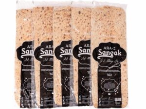 _Sangak-Persian-Flatbread-Naan-Original-Sesame-Seed-five-pack-Kosher - BreadMasters Five loaves of Ara-za Sangak flatbread in clear plastic packaging, arranged together for display.