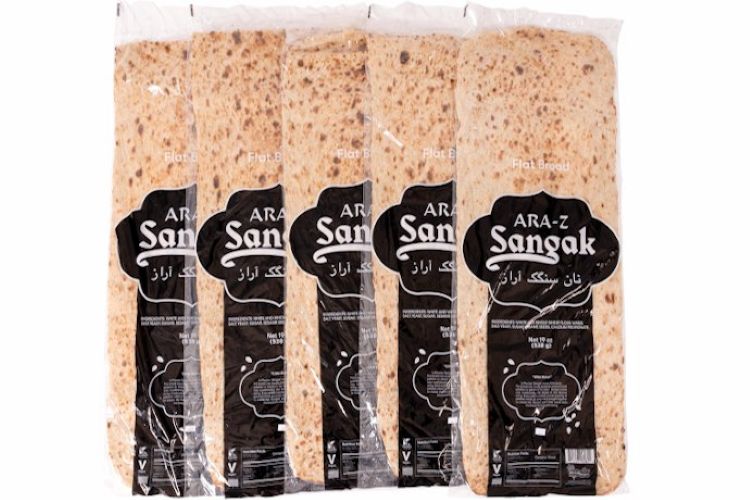 Five loaves of Ara-za Sangak flatbread in clear plastic packaging, arranged together for display.