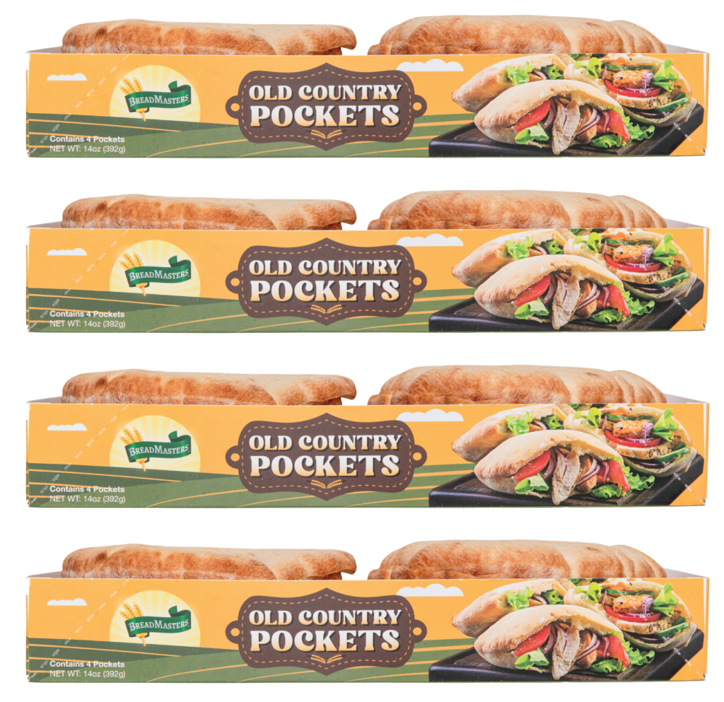 Old Country Pockets 4-pack by Breadmasters - Traditional thicker, denser pocket bread (pita), perfect for stuffing with falafel, gyros, salads, or breakfast fillings. Four individual packs, soft and fluffy, made with time-honored methods.