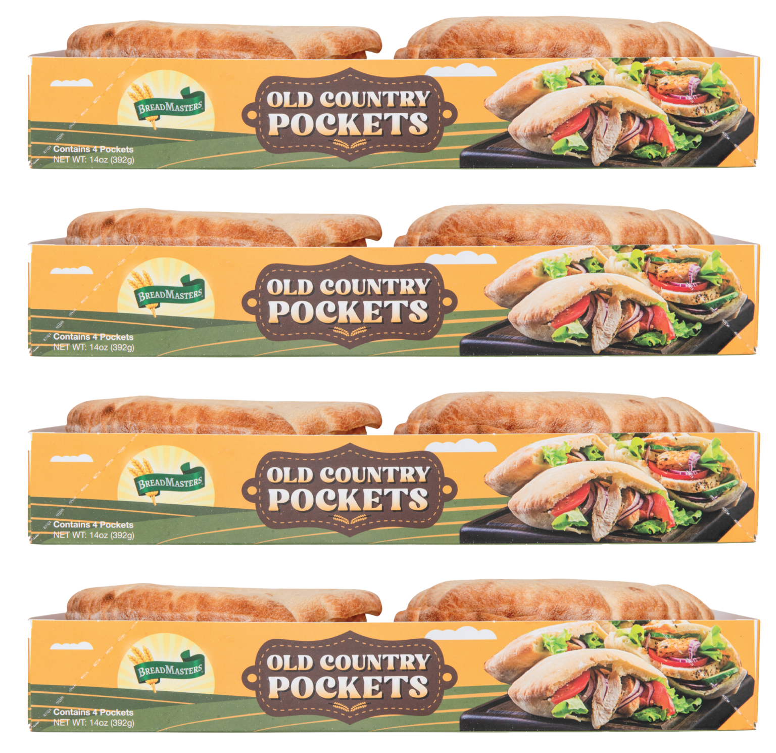 Old Country Pockets 4-pack by Breadmasters - Traditional thicker, denser pocket bread (pita), perfect for stuffing with falafel, gyros, salads, or breakfast fillings. Four individual packs, soft and fluffy, made with time-honored methods.