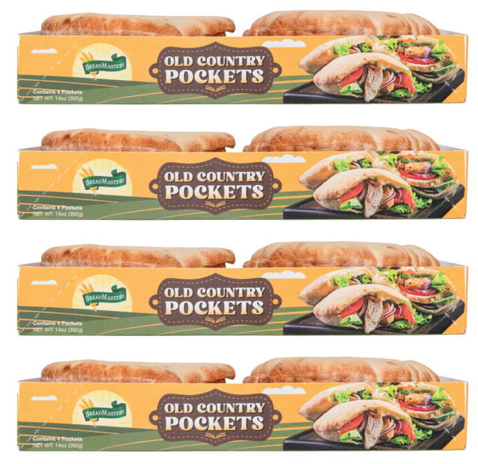 Old-Country-Pockets-4-Pack-Pita-Bread-Breadmasters - Breadmasters Old Country Pockets 4-pack by Breadmasters - Traditional thicker, denser pocket bread (pita), perfect for stuffing with falafel, gyros, salads, or breakfast fillings. Four individual packs, soft and fluffy, made with time-honored methods.