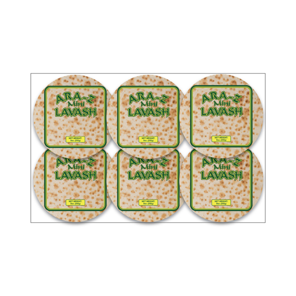 ARA-Z Mini Lavash 6-Pack - Traditional Persian flatbread rounds, 8-inch thin and pliable wheat bread perfect for wraps, roll-ups, and pizza bases. Vegan-friendly fresh flatbread package.