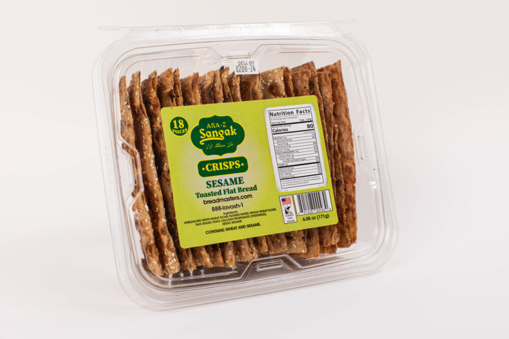 Sangak Sesame-Seed Crisps Package - Breadmasters ARA-Z Sangak Sesame-Seed Crisps - toasted Persian flatbread crackers with sesame seeds
