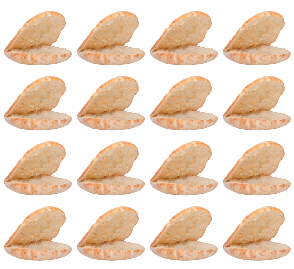 Sixteen open Old Country Pocket pita bread pieces from Breadmasters - Full 4-pack display showing the interior cavities of traditional thicker, denser pocket bread, arranged to demonstrate the generous quantity and perfect pocket structure for stuffing with falafel, gyros, salads, or other fillings | Made with time-honored methods