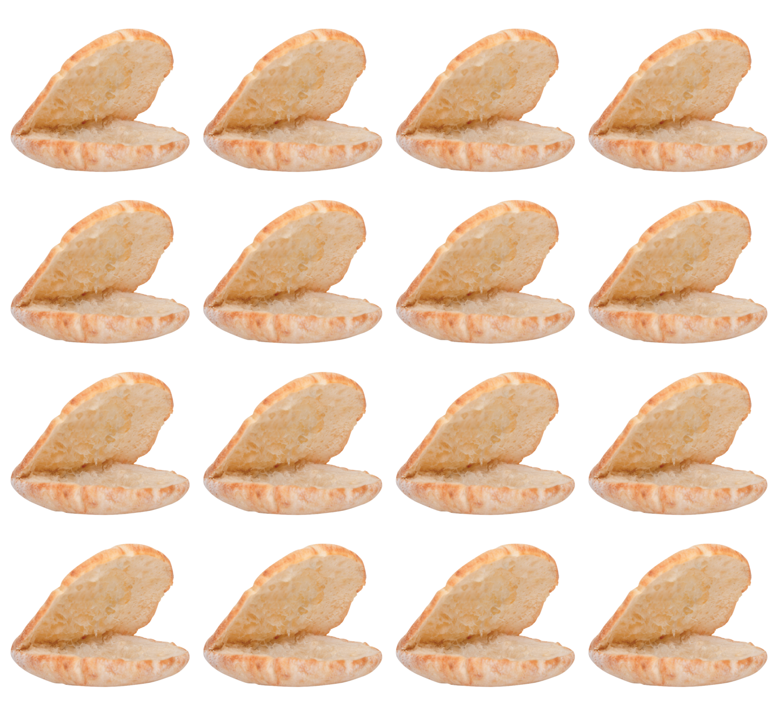 Sixteen open Old Country Pocket pita bread pieces from Breadmasters - Full 4-pack display showing the interior cavities of traditional thicker, denser pocket bread, arranged to demonstrate the generous quantity and perfect pocket structure for stuffing with falafel, gyros, salads, or other fillings | Made with time-honored methods